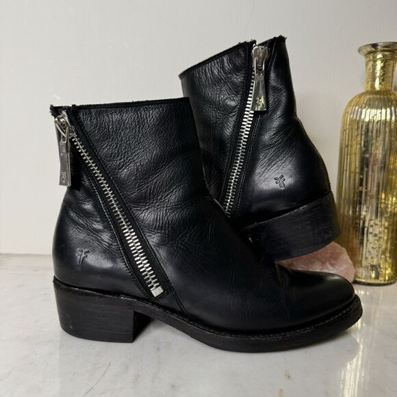 Frye Demi Zip Black Leather Short Boots Biker Moto Gothic Made in Mexico Size 7 - Picture 2 of 11
